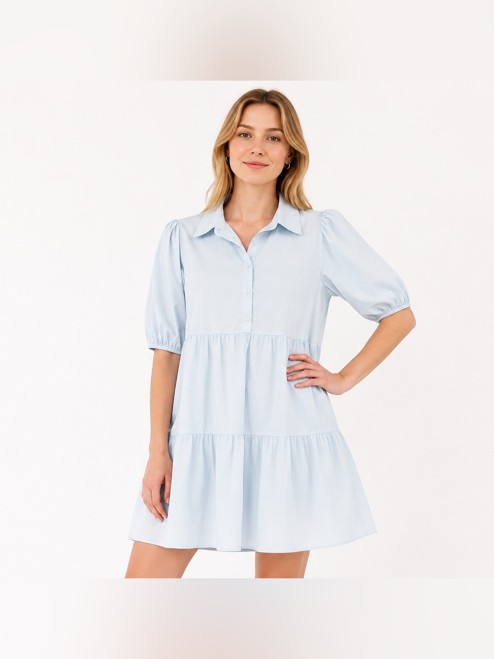 Karlie Light Blue Tiered Poplin Dress Women’s Size M